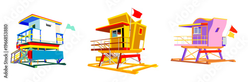 A set of three distinct and modern lifeguard tower illustrations, each with its own unique color palette and architectural style, presented as vector flat art against a white background.