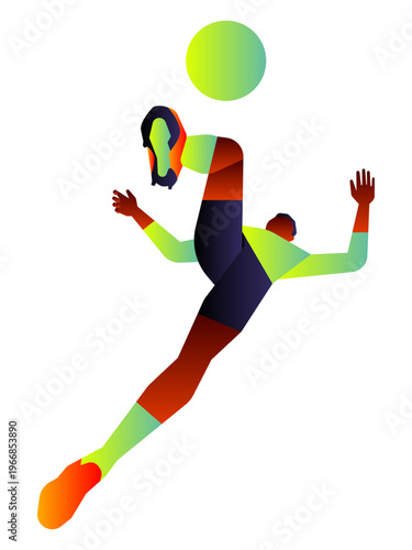 A minimalist vector illustration of a soccer player performing a dramatic bicycle kick, with a large, glowing sun in the background, all rendered in abstract.