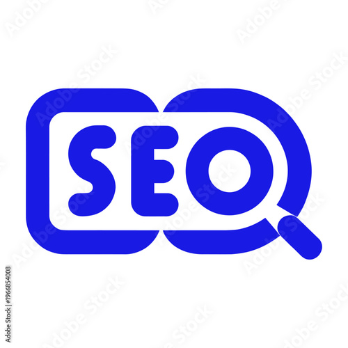 Blue vector of the acronym seo with a magnifying glass attached