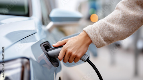 Faceless close-up of a hand connecting a thick charging cable to the front port of a sleek electric sedan at a bright curbside station, urban detail, EV refueling moment, sustainable transport