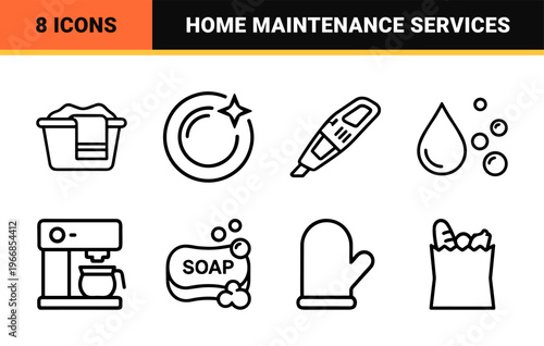 Ultra-minimalist Monoline Housework and Kitchen Management Line Art Set for Professional UI Design and Commercial Domestic Service Branding.