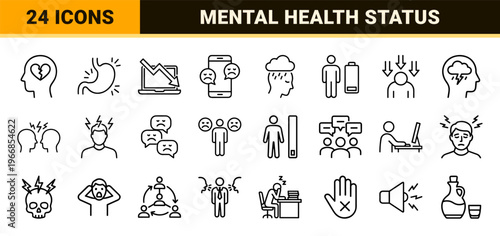 Mental Health and Psychological Stress Management Thin Line Art; Ultra-minimalist Monoline Geometric Symbols for Emotional Burnout Awareness
