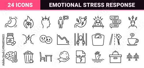 Mental Health and Occupational Burnout Outline Icons; Ultra-Minimalist Monoline Geometric Art for Stress Management and Emotional Wellness
