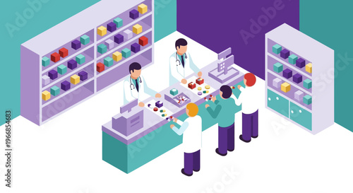 Pharmacy interior with customers and pharmacists.