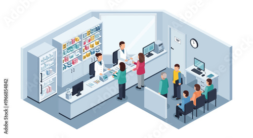 Pharmacy interior with customers and pharmacist serving.