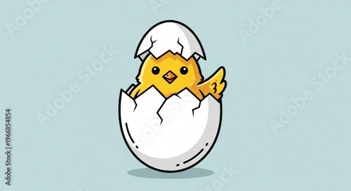 Cute yellow chick hatching from egg on light blue background symbolizing new life and growth