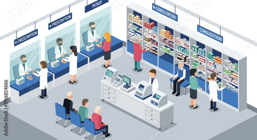 Isometric Pharmacy Interior with Customers and Pharmacists.