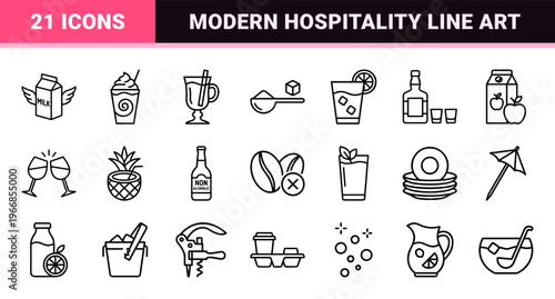 Beverage and Cafe Culture Line Art: Ultra-Minimalist Monoline Geometric Outlines for Restaurant Menus and Hospitality Digital Interfaces.