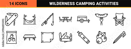 Outdoor Adventure Wilderness Camping Linear Icons Ultra-Minimalist Monoline Geometric Line Art for Sustainable Tourism and Forest Exploration