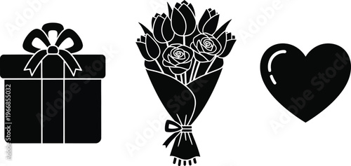 Gift box with ribbon bow, bouquet of roses and tulips, heart shape