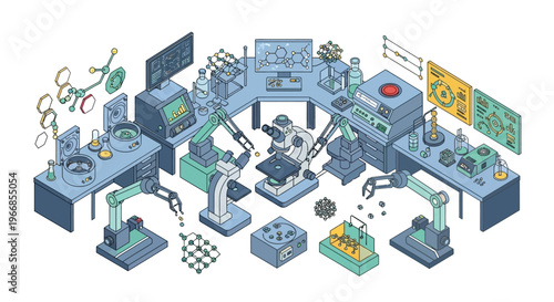 Advanced Scientific Laboratory with Robotic Arms and Microscopes.