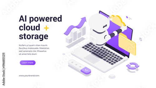Isometric vector banner template featuring robot with cloud files, folders, charts and arrows, representing artificial intelligence platforms for storage, automation, analytics and innovation