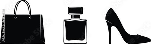 Woman fashion accessories set including a handbag, perfume bottle, and high heel shoe