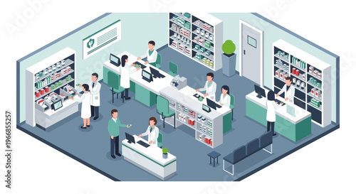 Pharmacy interior with customers and pharmacists working.