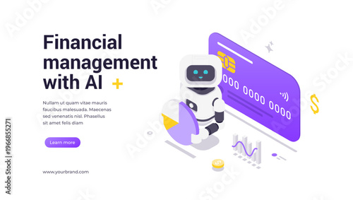 Isometric banner template with robot holding pie chart and bank card, surrounded by graphs, and finance icons, representing artificial intelligence, fintech solutions, and automated money management