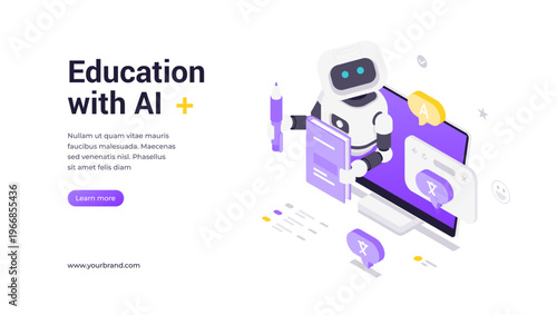 Isometric vector banner template showing robot holding learning materials in front of digital monitor with AI interface, representing education, technology, learning, and modern e-learning solutions