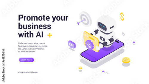 Isometric vector banner template showing robot standing on smartphone holding analytics panel with percentage signs, representing artificial intelligence, business growth, technology, and innovation