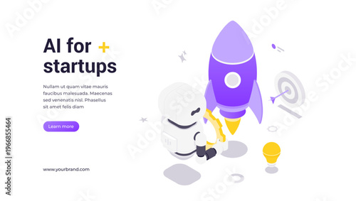 Isometric vector banner template showing robot holding mini rocket engine surrounded by icons, lights, and targets representing AI, startup growth, innovation, technology, and future solutions