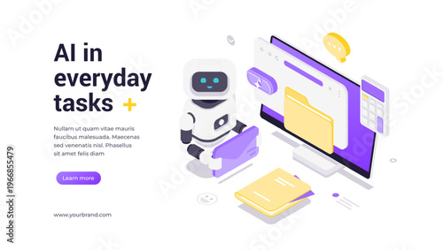 Isometric vector banner template showing robot holding tablet managing daily tasks on digital interface with files, charts, and icons, representing AI, automation, and modern workflow