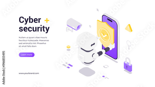 Isometric vector banner template featuring robot holding shield protecting smartphone, surrounded by security icons, locks, cameras, and alerts representing AI, cyber security, technology solutions