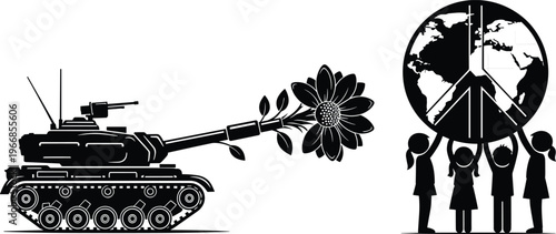 Symbolic anti‑war illustration showing tank transformed into flower of peace with children lifting globe featuring peace symbol for global unity