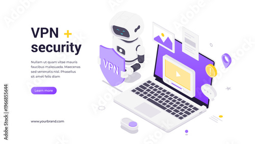 Isometric vector banner template showing robot holding VPN shield with laptop and security icons, surrounded by alert symbols, illustrating AI-driven online protection and network safety