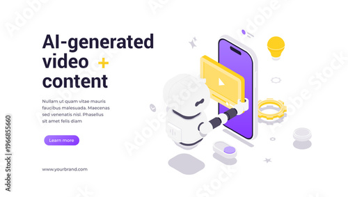 Isometric vector banner template showing robot holding video player with smartphone, surrounded by gears and icons, symbolizing AI-generated content, automation, and modern multimedia technologies