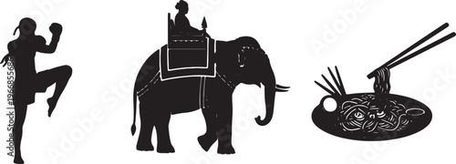 Martial arts, elephant rider, noodle dish vector icons, black silhouettes, food and culture symbols isolated on Transparent Background