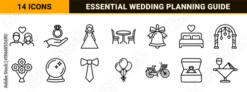 Romantic Love and Wedding Relationship Line Art. Ultra-minimalist monoline icons for dating apps, matrimony planning, and digital interface design.