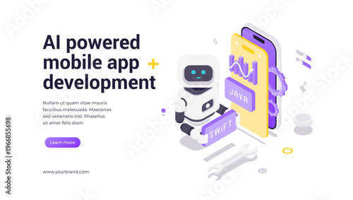 Isometric vector banner template featuring robot holding Swift sign with smartphone displaying app analytics, surrounded by gears and icons, representing AI-powered mobile development solutions
