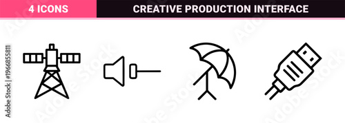 Multimedia and Digital Content Creation Ultra-Minimalist Monoline Icon Set for Modern Broadcasting Video Production and Audio Engineering