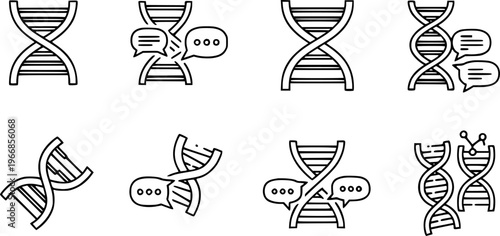 D N A helix with speech bubbles and molecular structure symbols for genetics communication