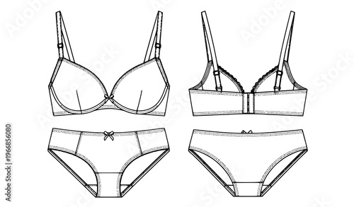 Underwear CAD Mockup Set – Flat Bra and Panties Technical Drawing Front and Back View Vector