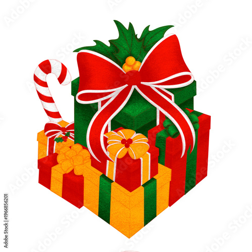 A festive stack of Christmas presents wrapped in red, green, and gold, with a red-and-white candy cane leaning beside them.