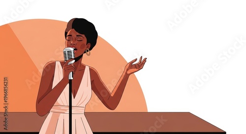 Young African American woman singing with microphone on stage under spotlight, copy space  