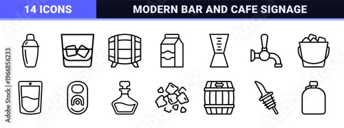 Beverage and Drinks Industry Line Icons Featuring Liquid Refreshments in Ultra-Minimalist Geometric Monoline Aesthetic for Commercial Design