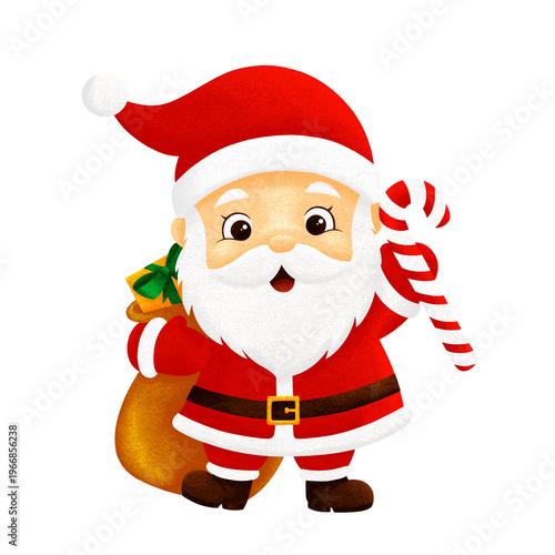A cartoon illustration of Santa Claus wears a red suit and hat. He holds a brown gift sack over his shoulder and a striped candy cane.