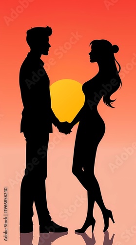 romantic couple silhouette holding hands sunset love theme vector minimal black smooth curves pair pose elegant art illustration lovers scene design modern duo