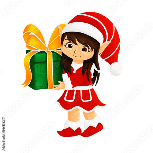 A cartoon Christmas elf in a red Santa outfit holds a green gift box with a gold ribbon. She has dark hair and pointy ears.