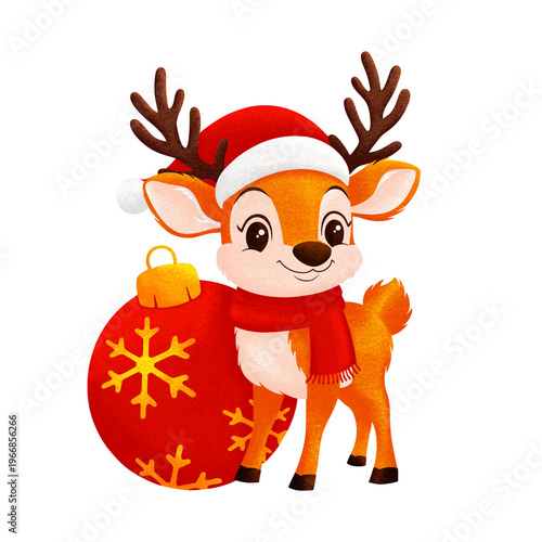 A cute Christmas illustration features a baby reindeer wearing a Santa hat and red scarf, standing beside a large red snowflake ornament.