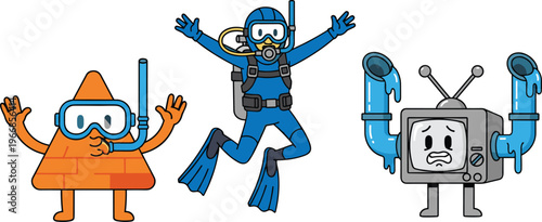 PrintCartoon Snorkeling Characters and Funny Underwater Mascots Including Diver, Geometric Creature, and Vintage TV with Pipes Vector Illustration Set