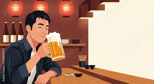 Young Asian man enjoying a beer at a bar with traditional decor, copy space  
