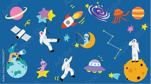 ポップで可愛い宇宙のイラストセット