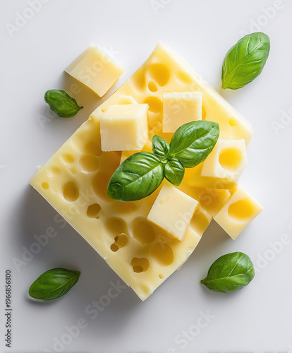 Swiss cheese slices and cubes garnished with fresh green basil leaves on a white surface