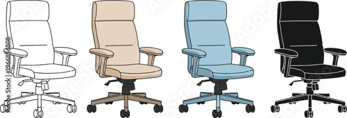 Vector illustration of modern office chairs in white, beige, light blue, and black colors with high backrest, padded seat, and wheels