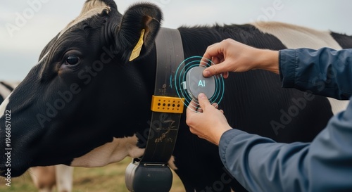 Tagging Cow with Smart Sensor Collar on Farm Field in Natural Environment Technology Close-up for Livestock Tracking