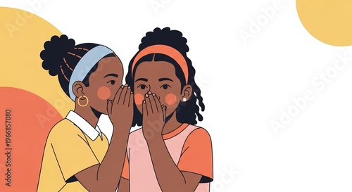 Two young African American girls whispering secrets to each other with colorful background, copy space  