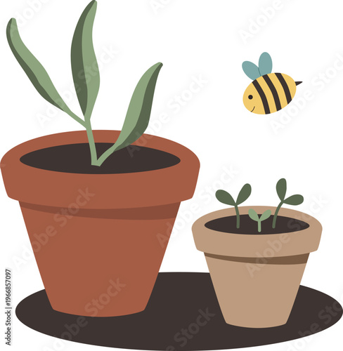 Flat vector illustration of various seedlings growing in ceramic flower pots. A cute little bumblebee is flying nearby. Concept of spring gardening, organic plant growth, and environmental care.