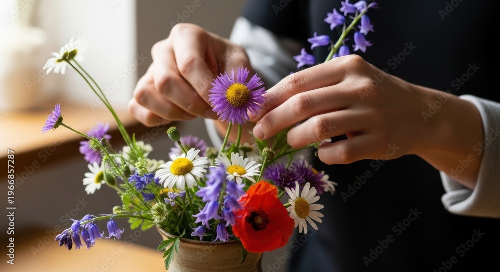 Fototapeta premium Arranging wildflowers by hand in a cozy indoor setting, close-up view capturing natural colors and delicate petals for floral hobbyist content