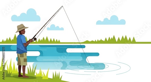 Young African American boy fishing by the river under a clear blue sky, copy space  